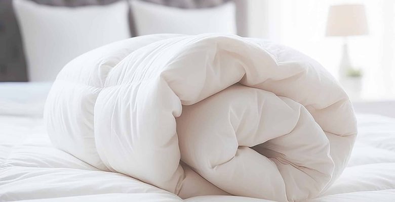 White folded duvet lying on white bed background. Preparing for winter season, household, domestic activities, hotel or home textile, bed with pillows,A folded rolls duvet is lying on the dresser